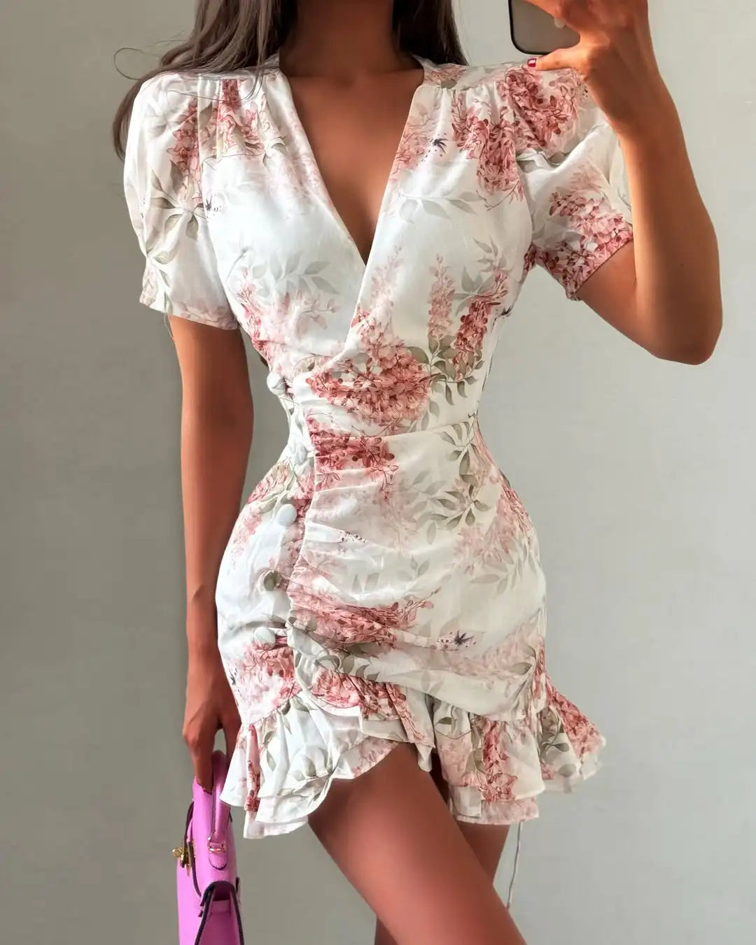 Women's Flirty Full-Sleeve Deep V-Neck Ruffle A-Line Short Dress