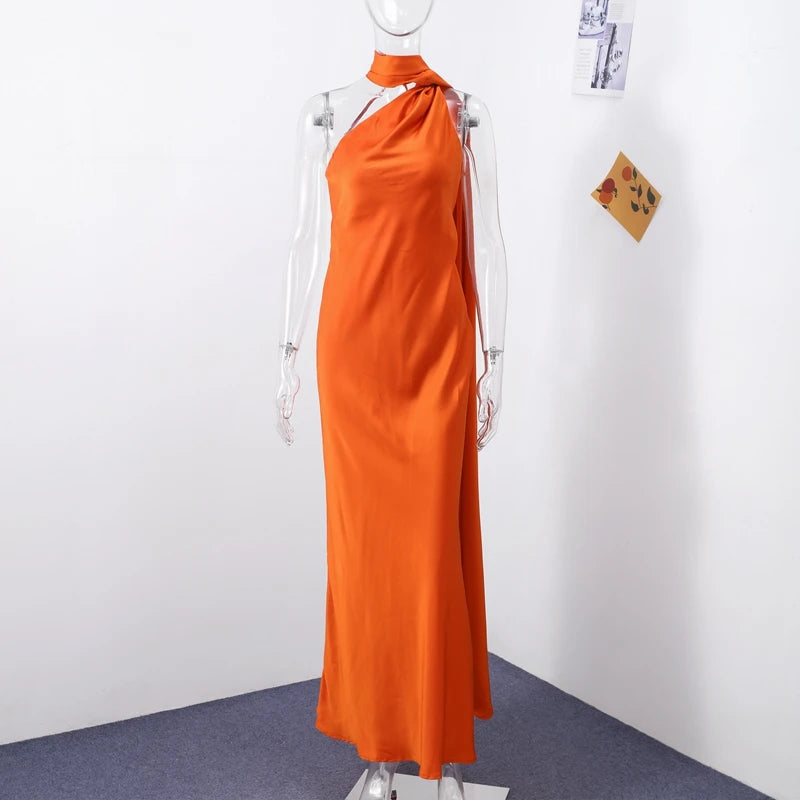 Women's Glamorous Satin Ribbon Halter Backless Off-Shoulder Party Dress