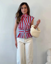 Women's Chic Bowknot Sleeveless Striped Casual Shirt