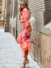 Women's Printed Wrap Dress Long Sleeve V-Neck Midi Belted Casual Chic