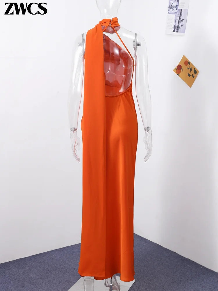 Women's Glamorous Satin Ribbon Halter Backless Off-Shoulder Party Dress