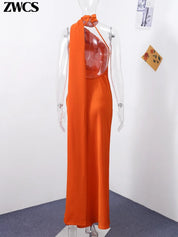 Women's Glamorous Satin Ribbon Halter Backless Off-Shoulder Party Dress