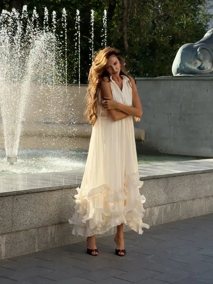 Women's Feminine Lapel V-Neck Ruffle High-Waist Sleeveless Maxi Dress