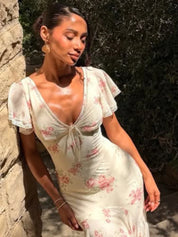 Women's Romantic Flutter-Sleeve Floral Pleated V-Neck Midi Dress