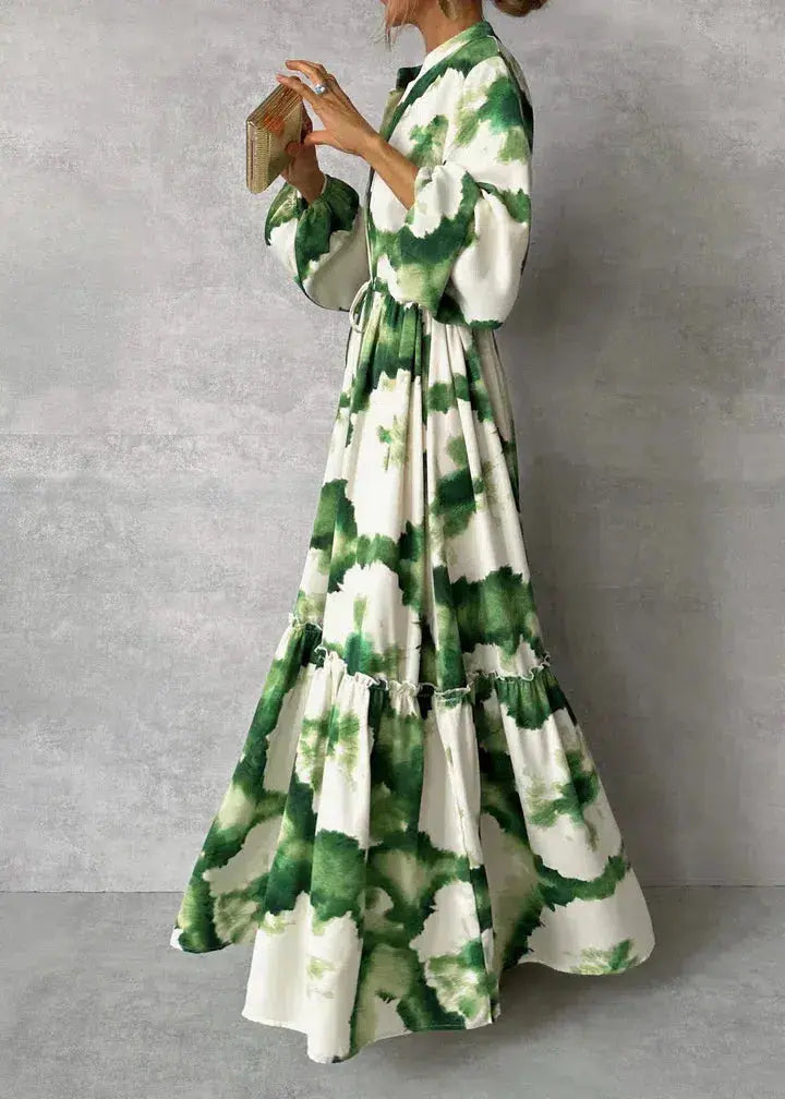 Women's Abstract Print Tie Waist Maxi Dress Long Sleeve Tiered Skirt V-Neck