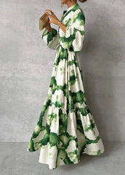 Women's Abstract Print Tie Waist Maxi Dress Long Sleeve Tiered Skirt V-Neck