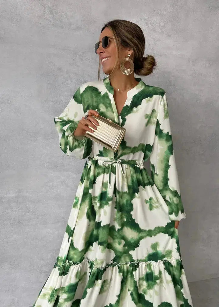 Women's Abstract Print Tie Waist Maxi Dress Long Sleeve Tiered Skirt V-Neck