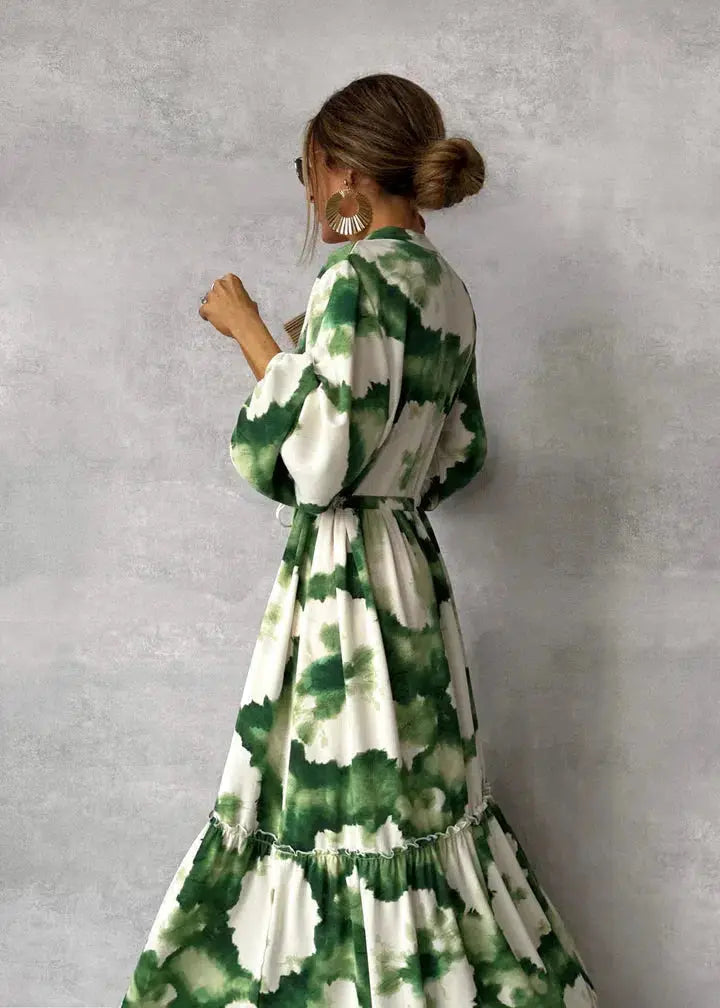 Women's Abstract Print Tie Waist Maxi Dress Long Sleeve Tiered Skirt V-Neck
