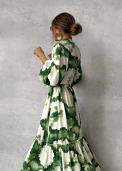 Women's Abstract Print Tie Waist Maxi Dress Long Sleeve Tiered Skirt V-Neck