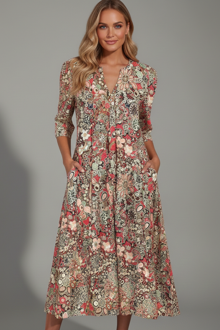 Women's Chic Summer Midi Dress with Three-Quarter Sleeves