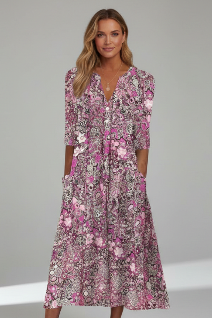 Women's Chic Summer Midi Dress with Three-Quarter Sleeves