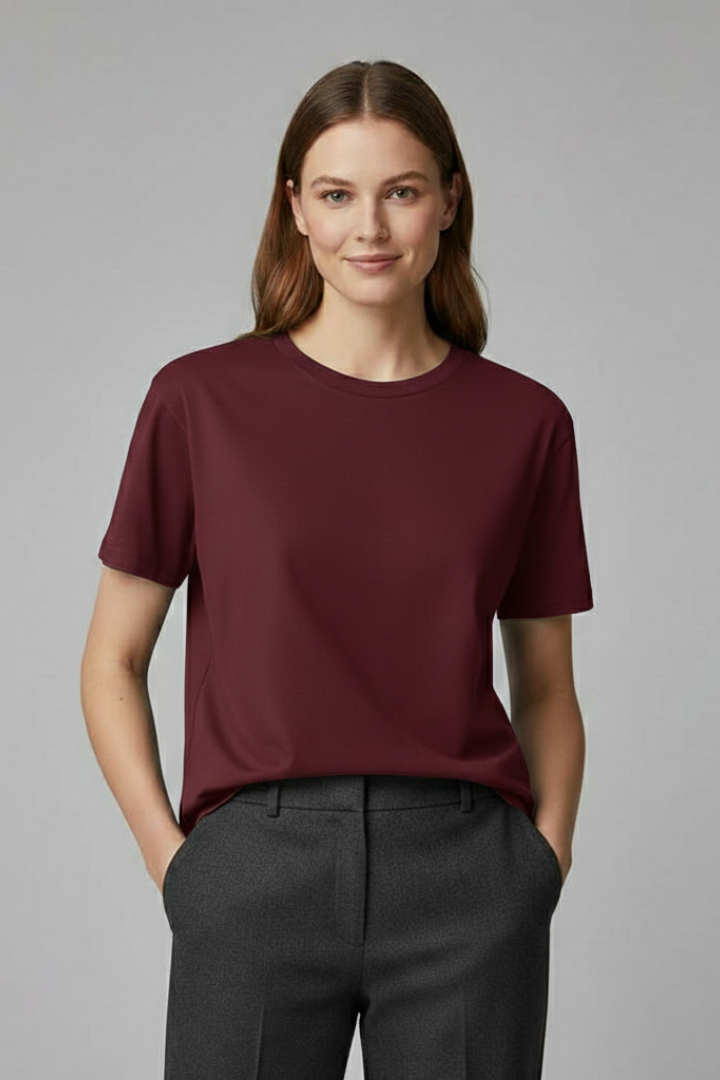 Women's Versatile Plain T-Shirt with Round Neckline