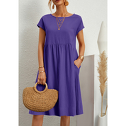 Women's Casual Midi Sun Dress Side Pockets Short Sleeve Relaxed Fit
