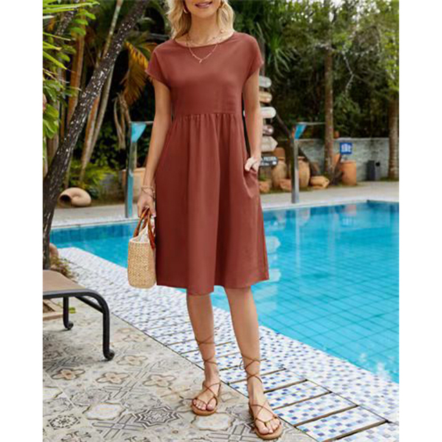Women's Casual Midi Sun Dress Side Pockets Short Sleeve Relaxed Fit