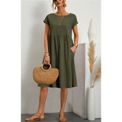 Women's Casual Midi Sun Dress Side Pockets Short Sleeve Relaxed Fit