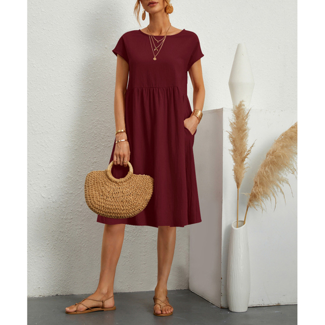 Women's Casual Midi Sun Dress Side Pockets Short Sleeve Relaxed Fit