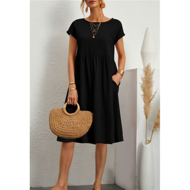 Women's Casual Midi Sun Dress Side Pockets Short Sleeve Relaxed Fit