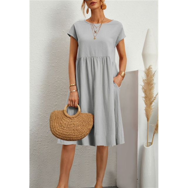 Women's Casual Midi Sun Dress Side Pockets Short Sleeve Relaxed Fit