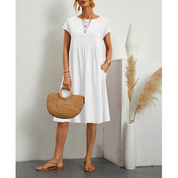 Women's Casual Midi Sun Dress Side Pockets Short Sleeve Relaxed Fit