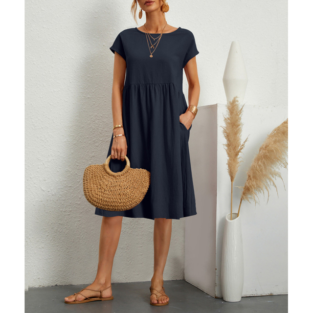 Women's Casual Midi Sun Dress Side Pockets Short Sleeve Relaxed Fit