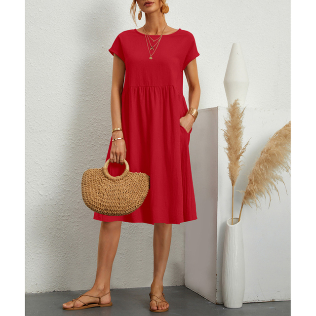 Women's Casual Midi Sun Dress Side Pockets Short Sleeve Relaxed Fit