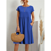 Women's Casual Midi Sun Dress Side Pockets Short Sleeve Relaxed Fit