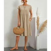 Women's Casual Midi Sun Dress Side Pockets Short Sleeve Relaxed Fit