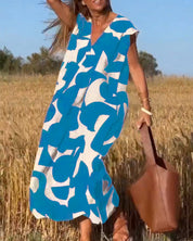 Women's Abstract Print Relaxed Midi Dress V-Neck Short Sleeve Casual Loose Fit