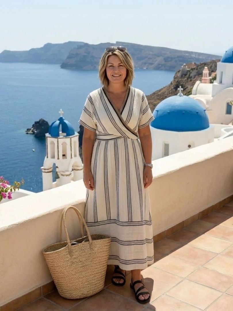 Women's Breezy Short-Sleeve Striped Midi Dress