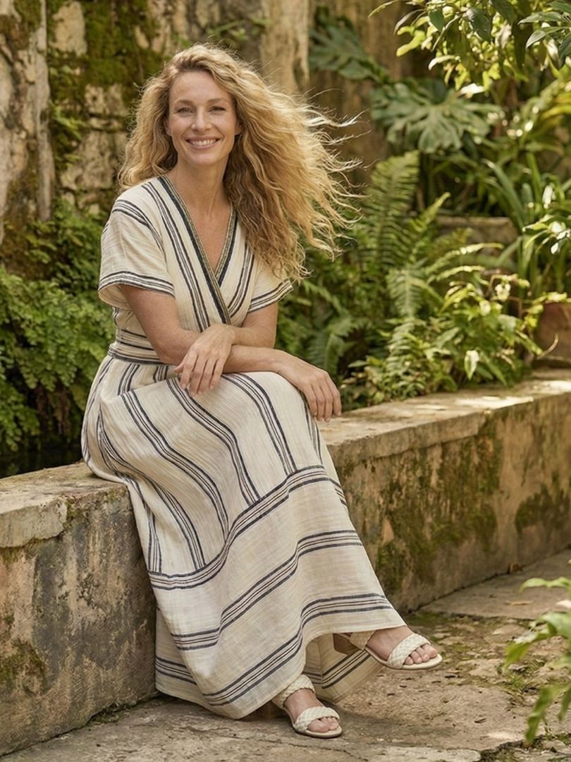 Women's Breezy Short-Sleeve Striped Midi Dress