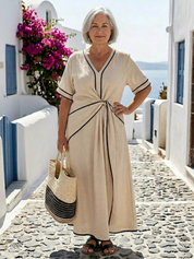 Women's Feminine Short-Sleeve Gathered Waist Midi Dress