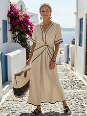 Women's Feminine Short-Sleeve Gathered Waist Midi Dress