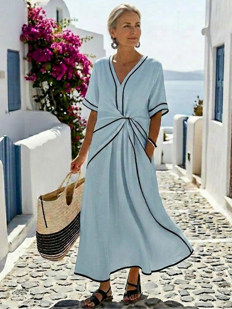 Women's Feminine Short-Sleeve Gathered Waist Midi Dress