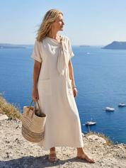 Women's Casual Round-Neck Tie Front Maxi Dress