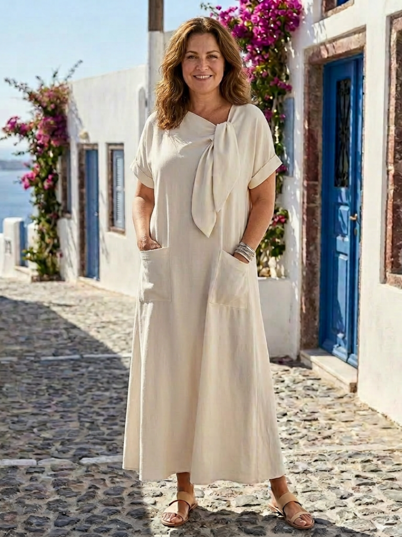 Women's Casual Round-Neck Tie Front Maxi Dress