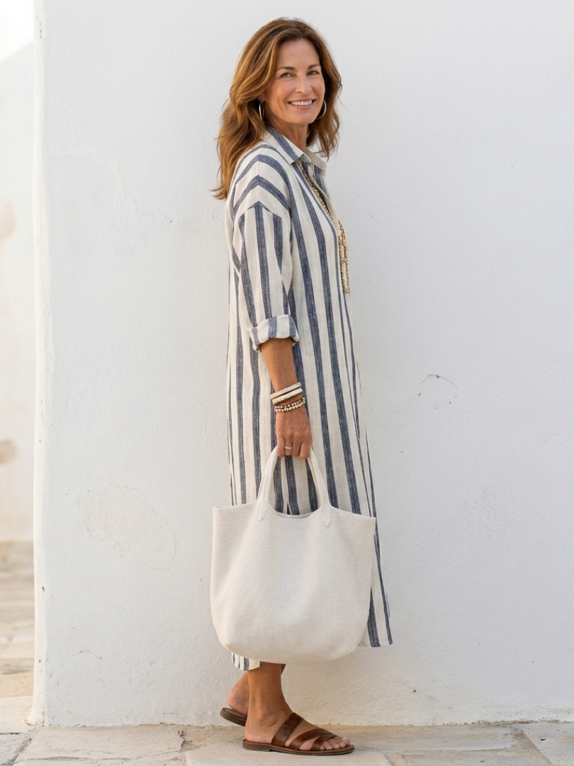Women's Casual V-Neck Long-Sleeve Striped Midi Dress