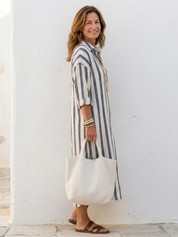 Women's Casual V-Neck Long-Sleeve Striped Midi Dress
