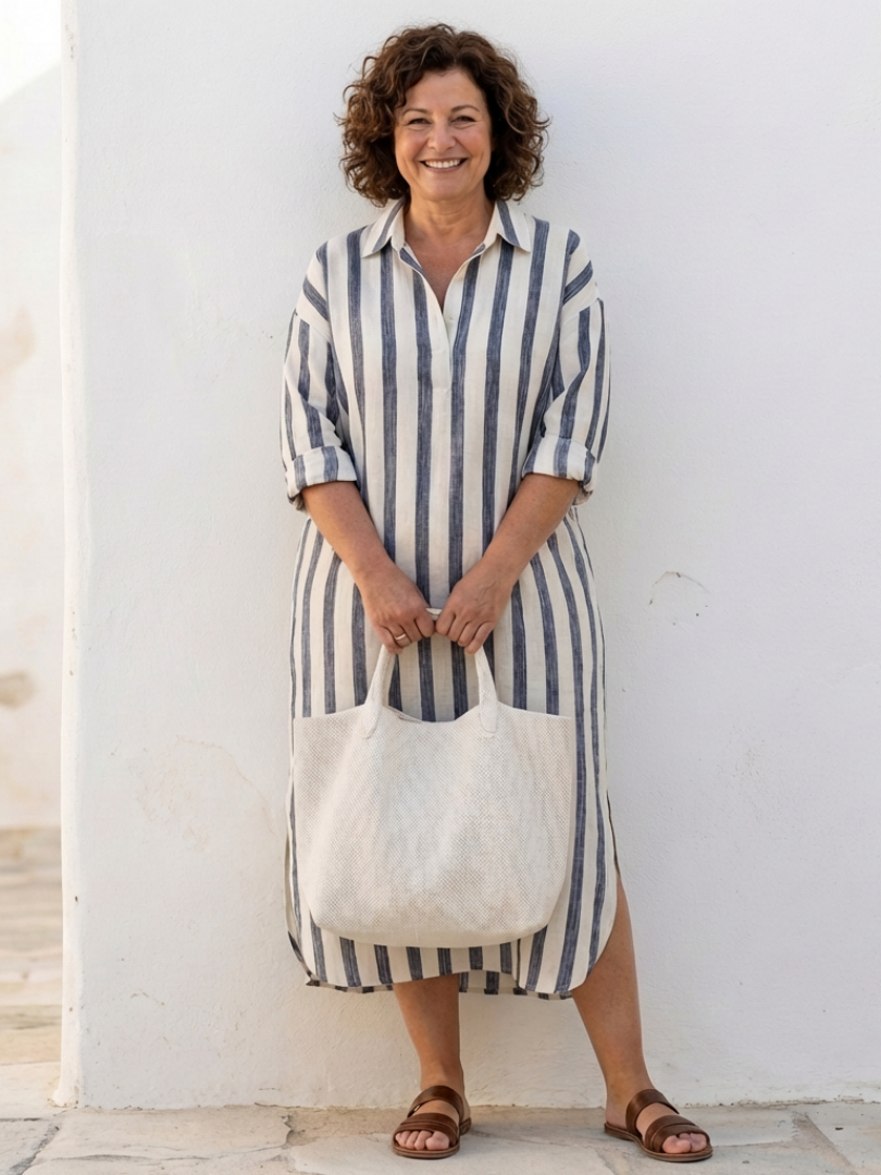 Women's Casual V-Neck Long-Sleeve Striped Midi Dress