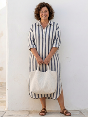 Women's Casual V-Neck Long-Sleeve Striped Midi Dress