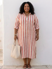 Women's Casual V-Neck Long-Sleeve Striped Midi Dress