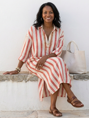 Women's Casual V-Neck Long-Sleeve Striped Midi Dress