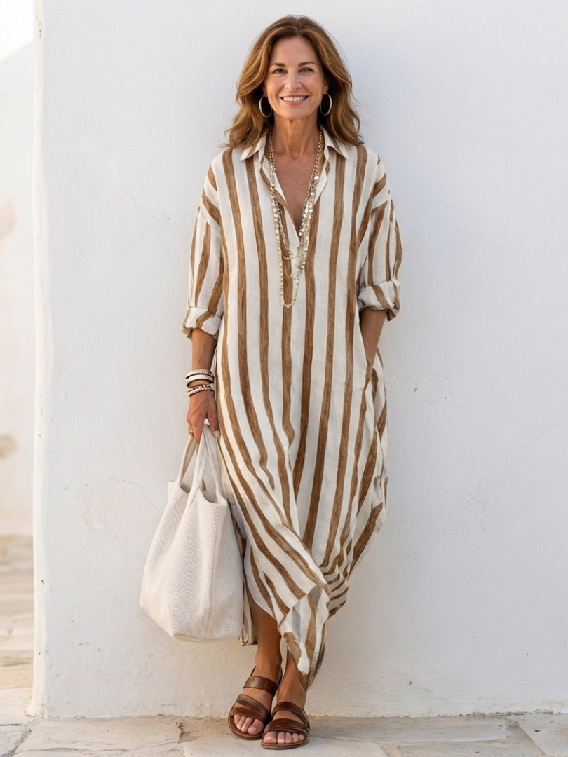 Women's Casual V-Neck Long-Sleeve Striped Midi Dress