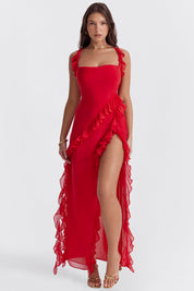 Women's Twilight Frill Maxi Dress Sleeveless Ruffle High-Slit Elegant
