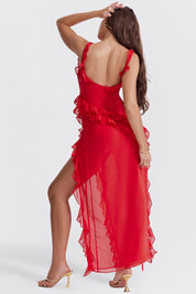 Women's Twilight Frill Maxi Dress Sleeveless Ruffle High-Slit Elegant
