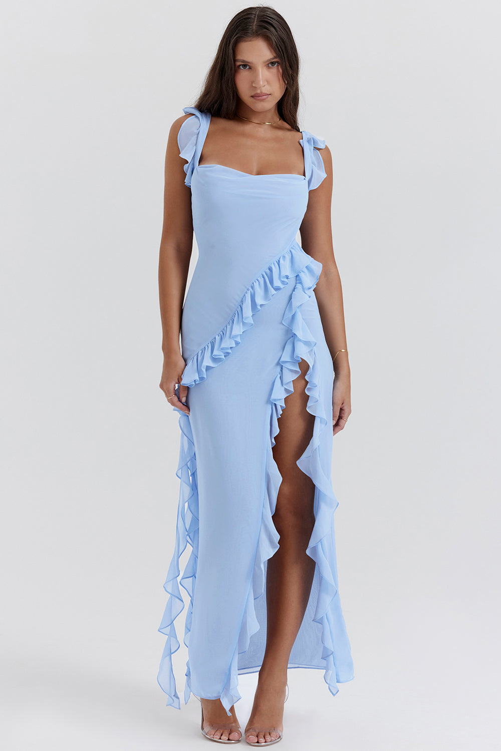 Women's Twilight Frill Maxi Dress Sleeveless Ruffle High-Slit Elegant