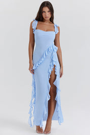 Women's Twilight Frill Maxi Dress Sleeveless Ruffle High-Slit Elegant