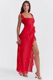 Women's Twilight Frill Maxi Dress Sleeveless Ruffle High-Slit Elegant