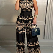 Women's Tropical Print Jumpsuit Sleeveless Belted Wide Leg Casual Summer