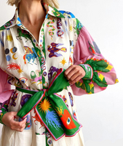 Women's Floral Print Balloon Sleeve Belted Shirt Maxi Dress Button-Down
