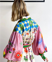 Women's Floral Print Balloon Sleeve Belted Shirt Maxi Dress Button-Down